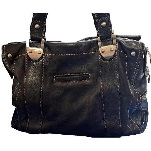 Makowsky Women's Black Satchel Moto Handbag Pebbled Leather - Picture 3 of 6